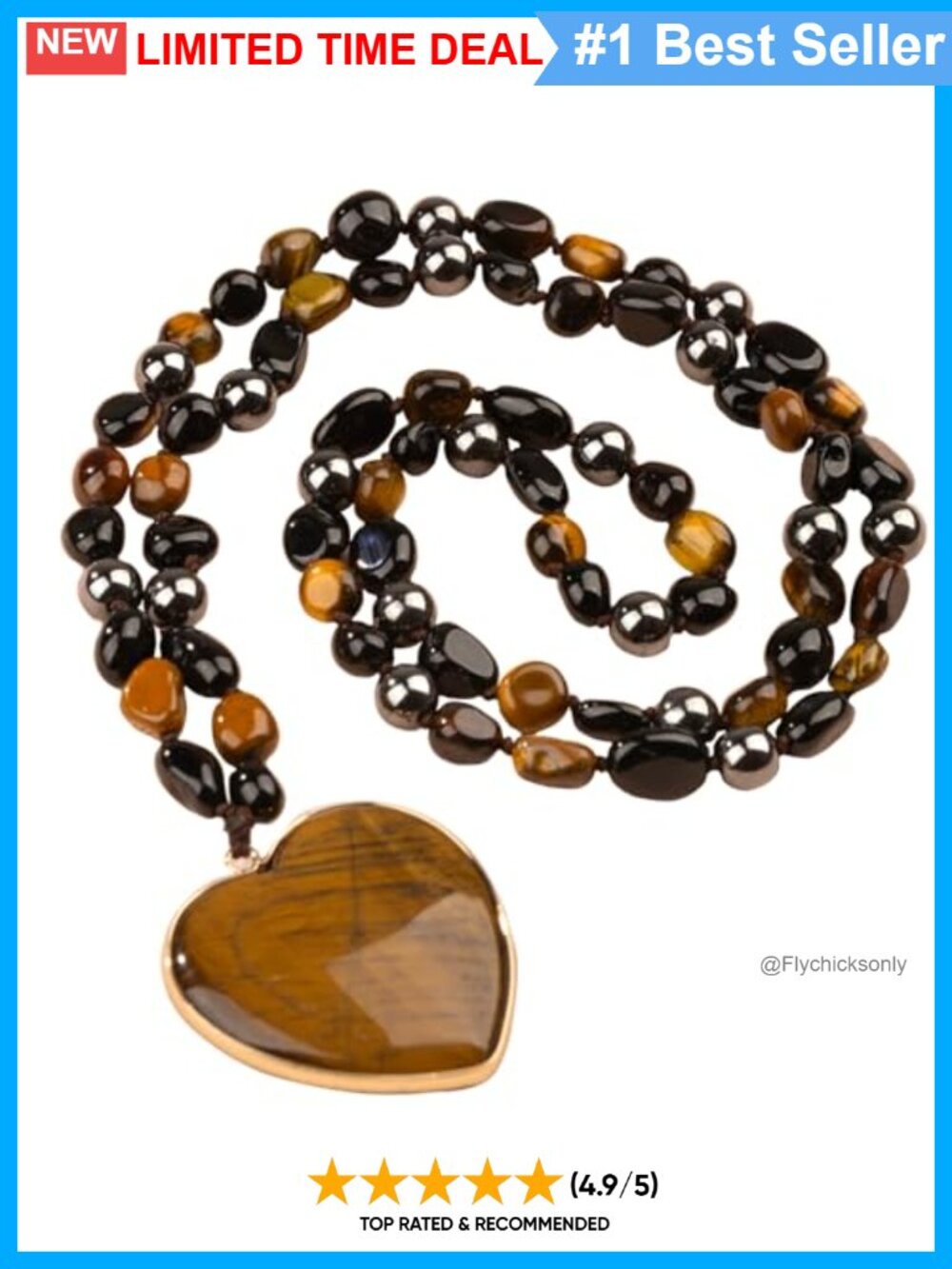 Natural Stone Beaded Long Necklace Heart Pendant Boho